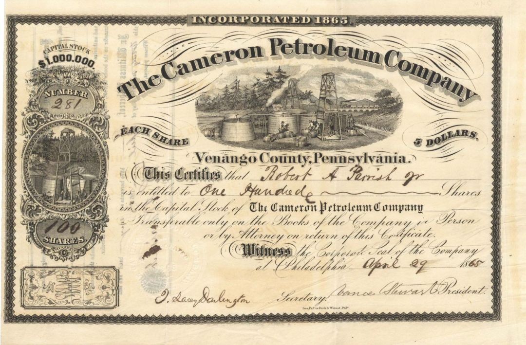 Cameron Petroleum Co. - 1865 dated Stock Certificate (Uncanceled)