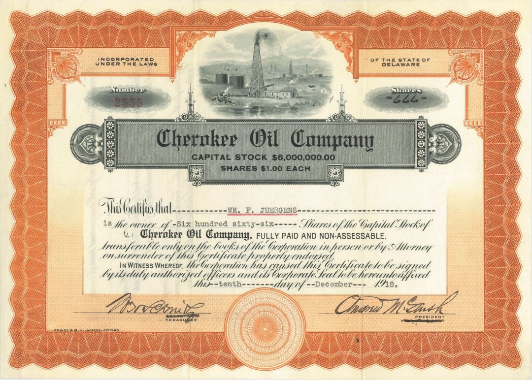 Cherokee Oil Co. - Stock Certificate