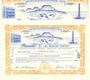 Crusader Oil and Uranium Co. - 1958 dated Colorado Mining Stock Certificate - Uncanceled