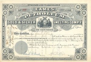 Eames Petroleum Gold and Silver Smelting Comp'y of New York - 1880 dated Stock Certificate (Uncanceled)