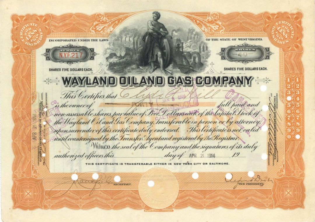 Wayland Oil and Gas Co. - 1914 dated Stock Certificate