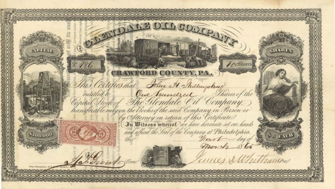 Glendale Oil Co. - 1865 dated Oil Stock Certificate - Crawford County, Pennsylvania