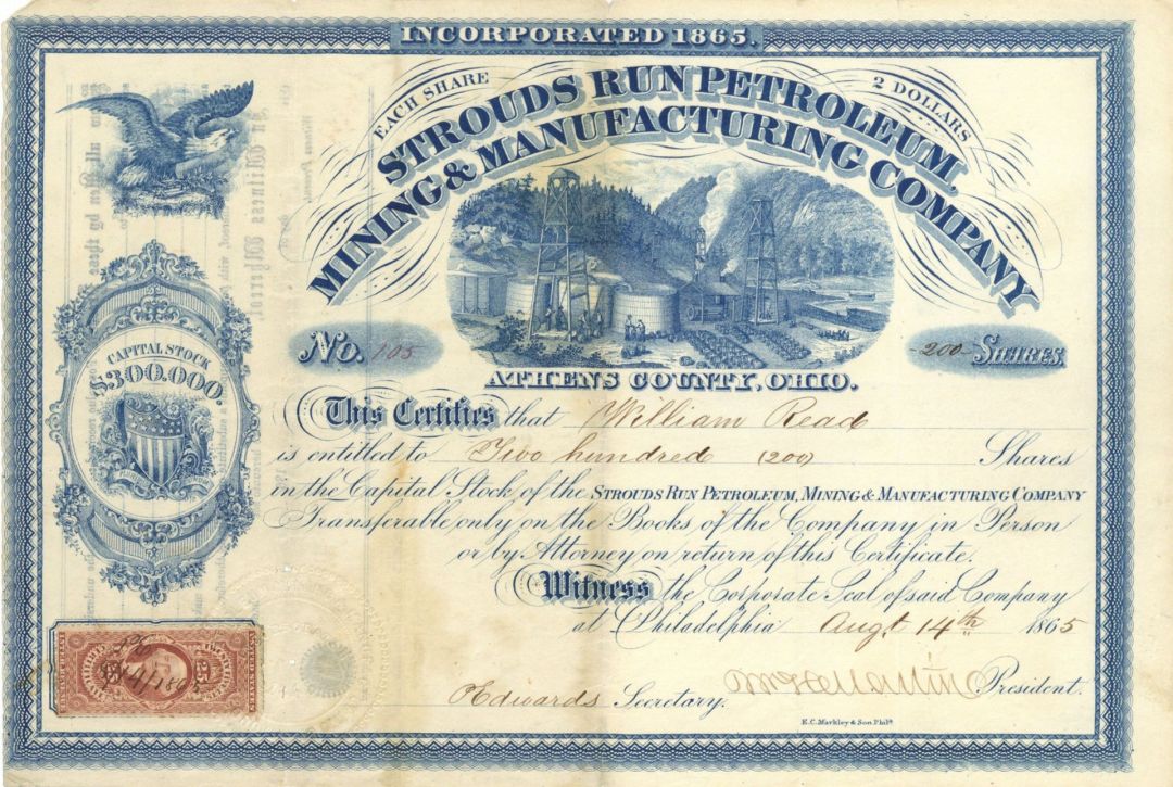 Strouds Run Petroleum Mining and Manufacturing Co - 1865 dated Stock Certificate