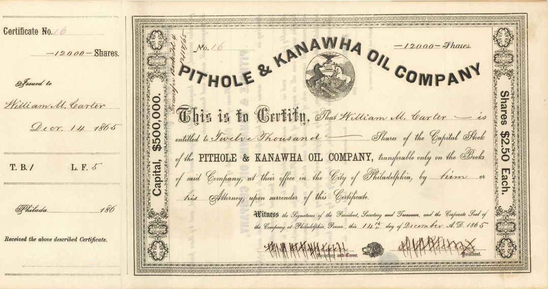 Pithole and Kanawha Oil Co. - 1865 dated Stock Certificate