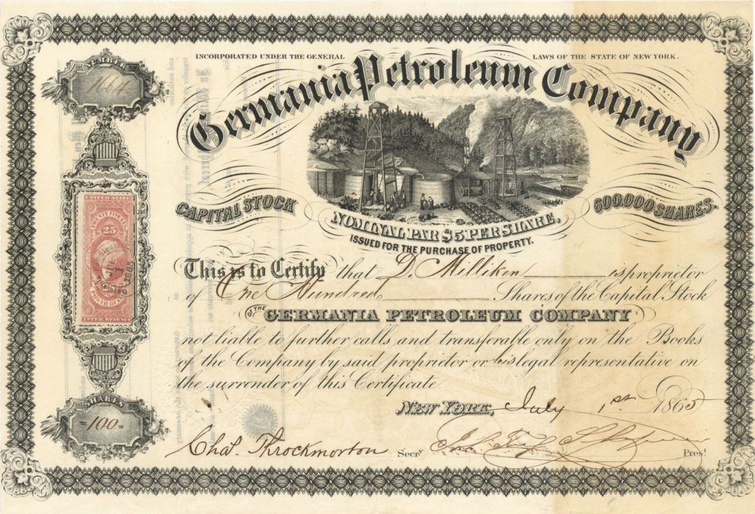 Germania Petroleum Co. - 1865 dated Stock Certificate