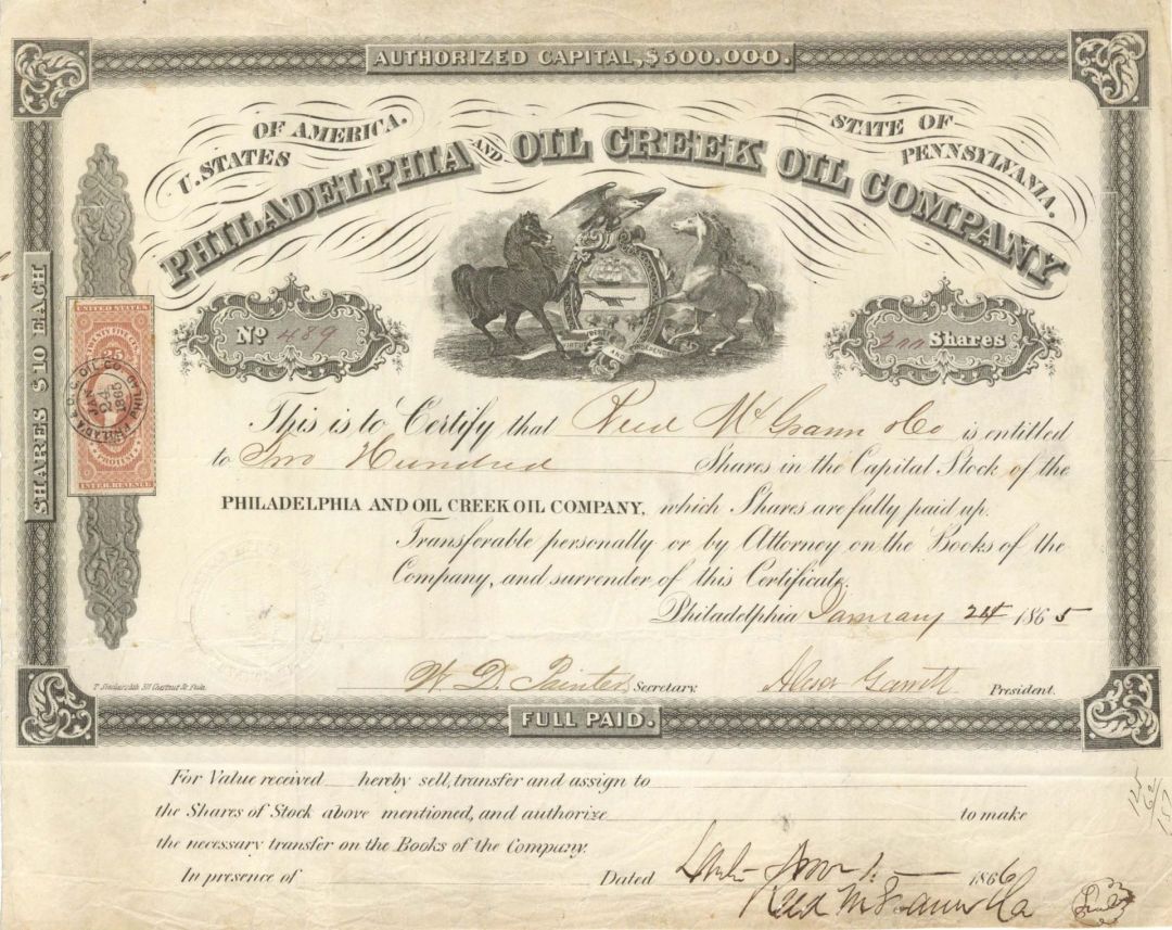 Philadelphia and Oil Creek Oil Co. - 1865 dated Stock Certificate