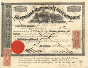 Sherman and Barnsdall Oil Co. - 1865 dated Stock Certificate