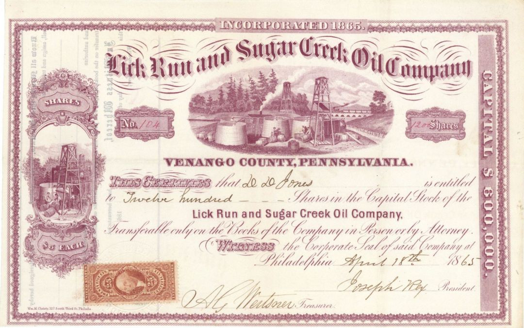 Lick Run and Sugar Creek Oil Co. - 1865 dated Stock Certificate