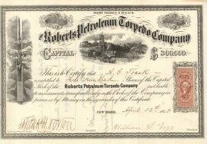 Roberts Petroleum Torpedo Co. - 1865 dated Stock Certificate