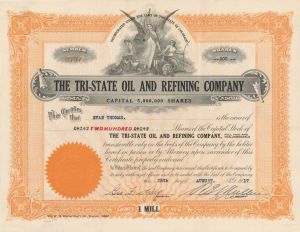 Tri-State Oil and Refining Co. - 1917 or 1918 dated Stock Certificate