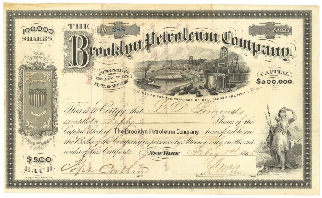 Brooklyn Petroleum Co. - 1865 dated New York Oil Stock Certificate