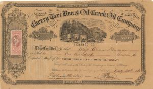 Cherry Tree Run and Oil Creek Oil Co. - 1865 dated Venango County, Pennsylvania Oil Stock Certificate - Company Relates to Charles Pratt