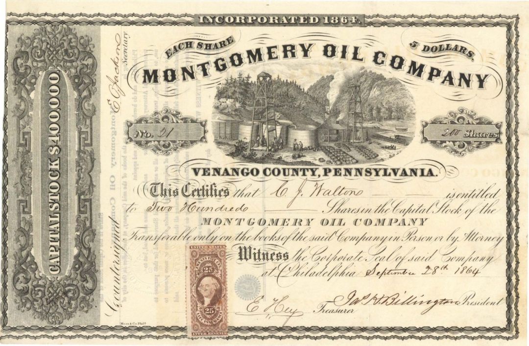 Montgomery Oil Co. - 1864 dated Stock Certificate