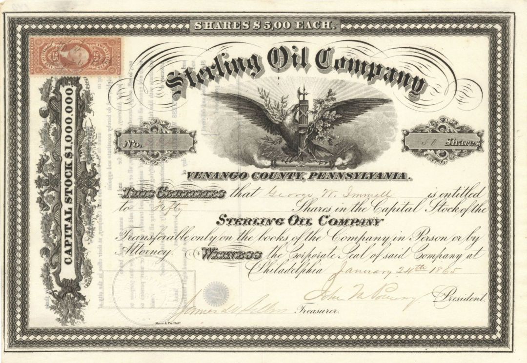 Sterling Oil Co. - 1865 dated Stock Certificate (Uncanceled)