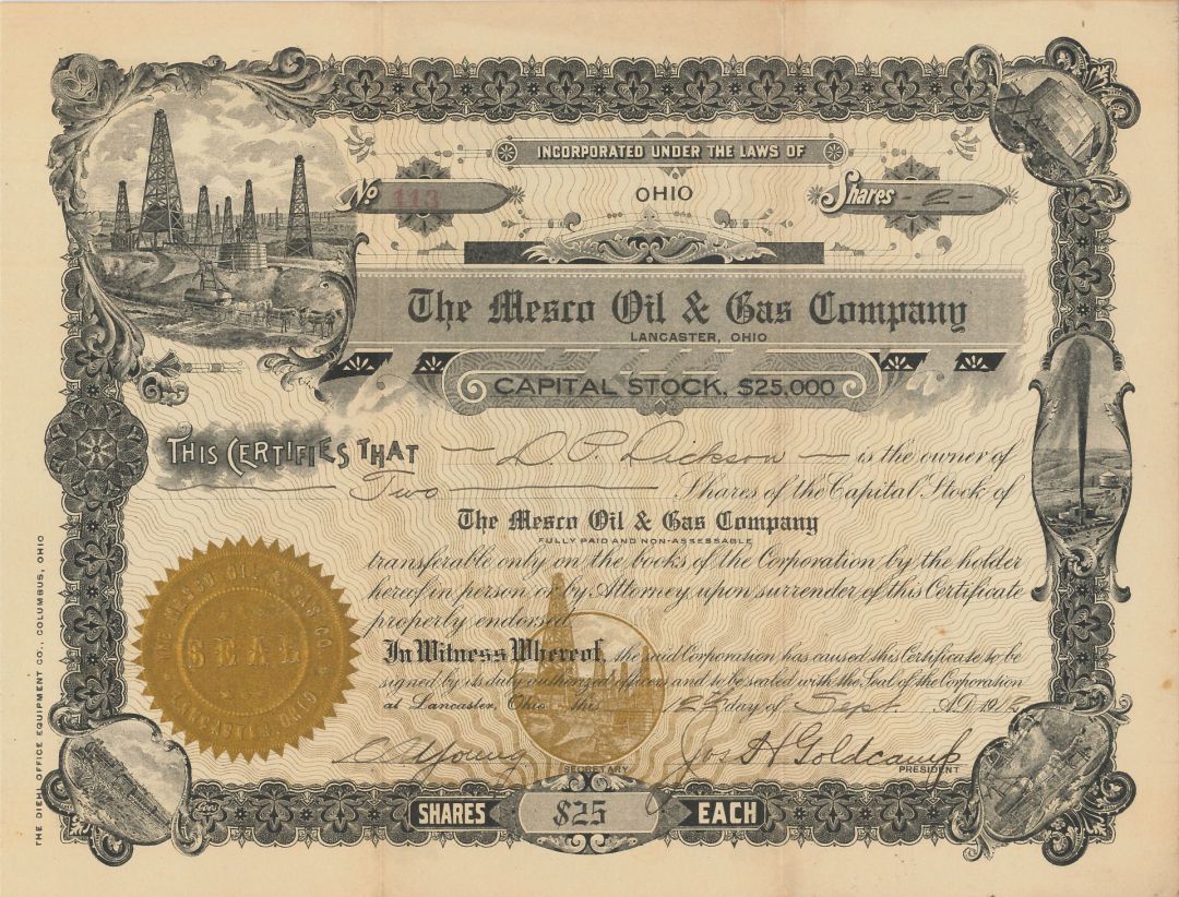 Mesco Oil and Gas Co. - 1912 dated Stock Certificate