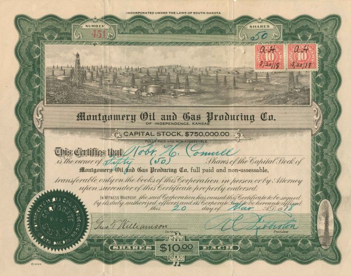 Montgomery Oil and Gas Producing Co. - Stock Certificate