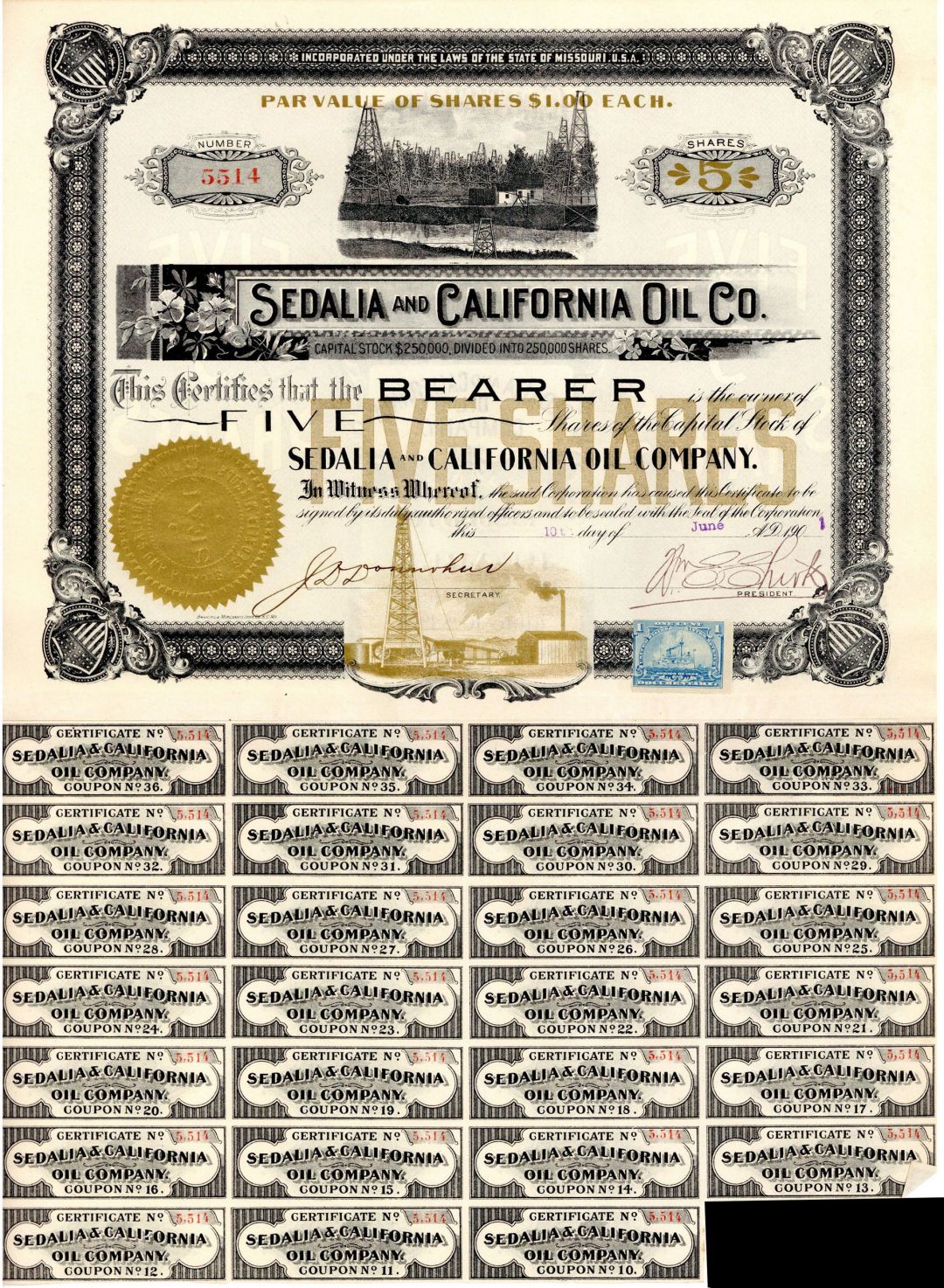 Sedalia and California Oil Co. - Stock Certificate