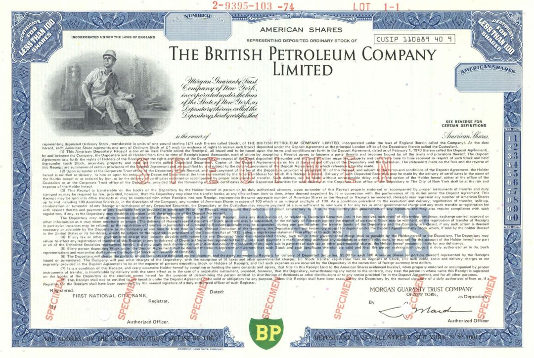 British Petroleum Co. Limited - Specimen Stock Certificate - American Shares