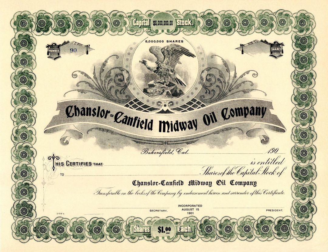 Chanslor=Canfield Midway Oil Co. - 1900's circa California Stock Certificate - Bakersfield, California