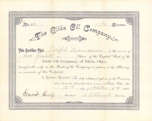 Elida Oil Co. - 1895 dated Stock Certificate