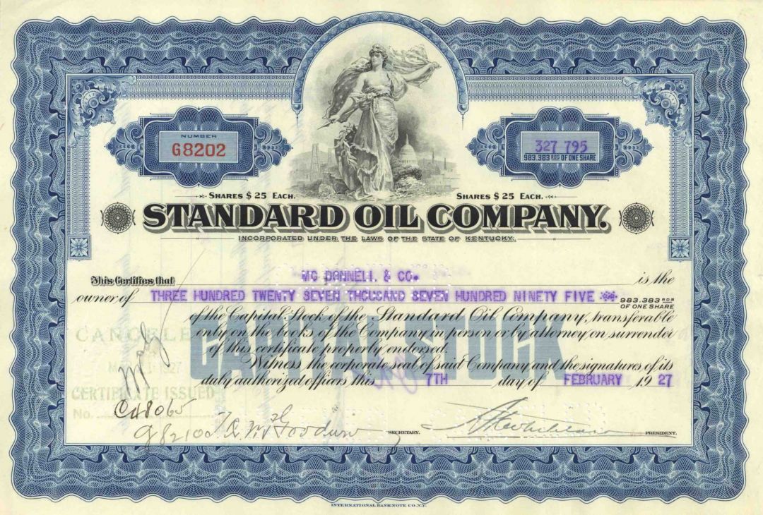 Standard Oil Co. - Dated 1920's Kentucky Oil Stock Certificate - Has Become Extremely Rare