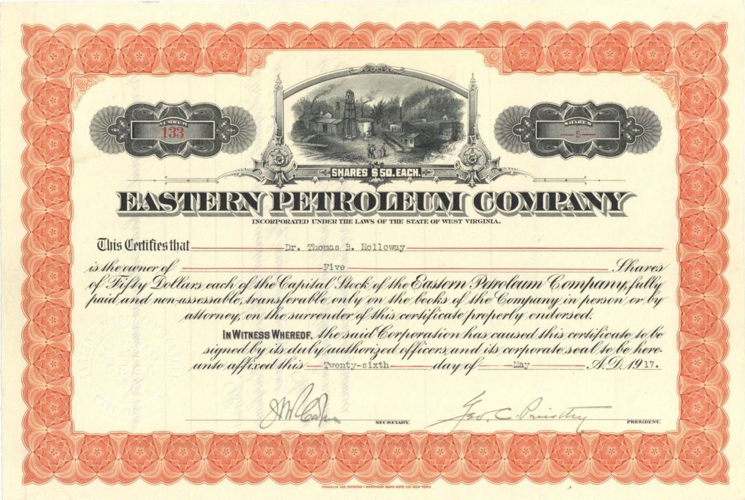 Eastern Petroleum Co. - 1917 dated Stock Certificate