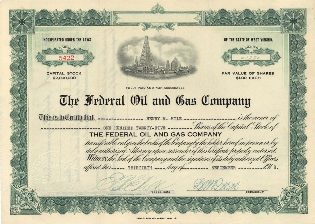 Federal Oil and Gas Co. - 1918 dated Stock Certificate