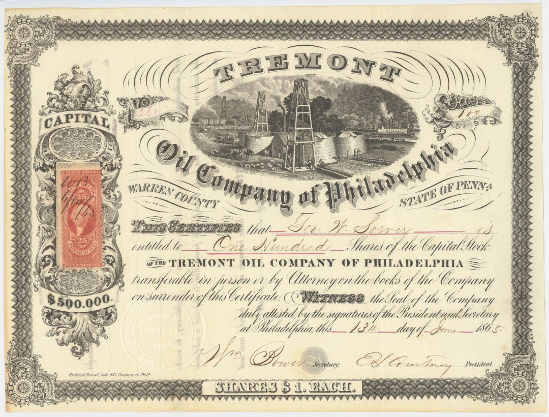 Tremont Oil Co. of Philadelphia - 1865 dated Stock Certificate