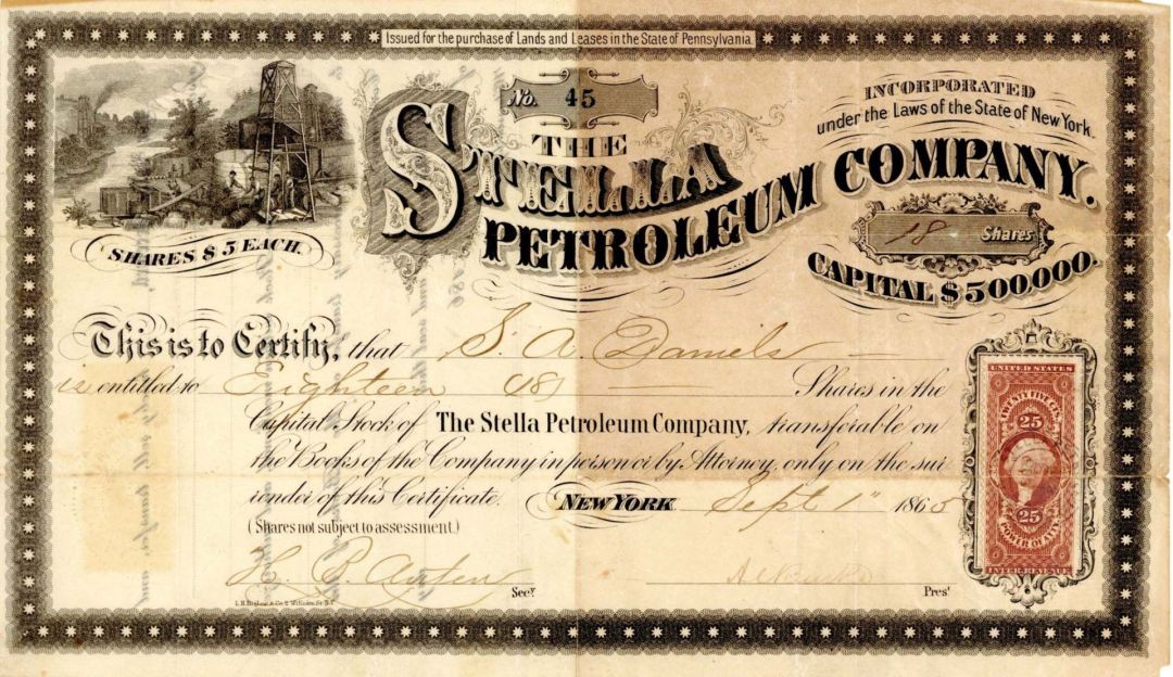 Stella Petroleum Co. - 1865 dated Stock Certificate