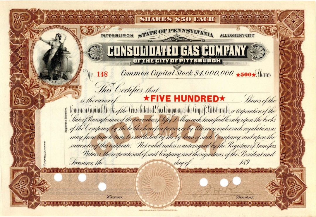 Consolidated Gas Co. of the City of Pittsburgh - Unissued Stock Certificate