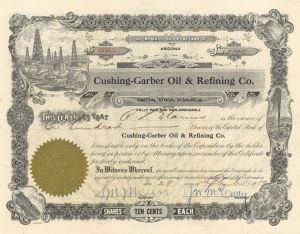 Cushing-Garber Oil and Refining Co. - 1919 dated Arizona Oil Stock Certificate - Offices in Stillwater, OK & Phoenix, AZ