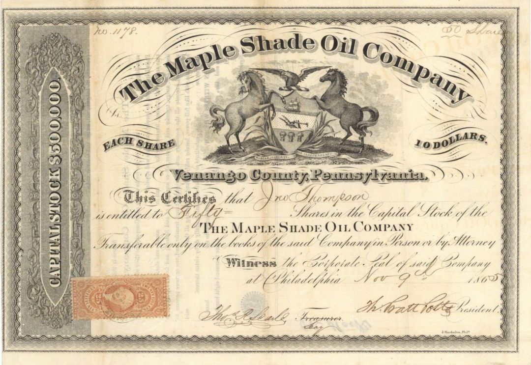 Maple Shade Oil Co. - 1865 dated Stock Certificate