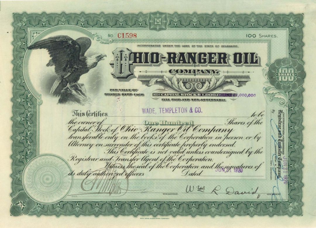 Ohio-Ranger Oil Co. - 1920 dated Stock Certificate