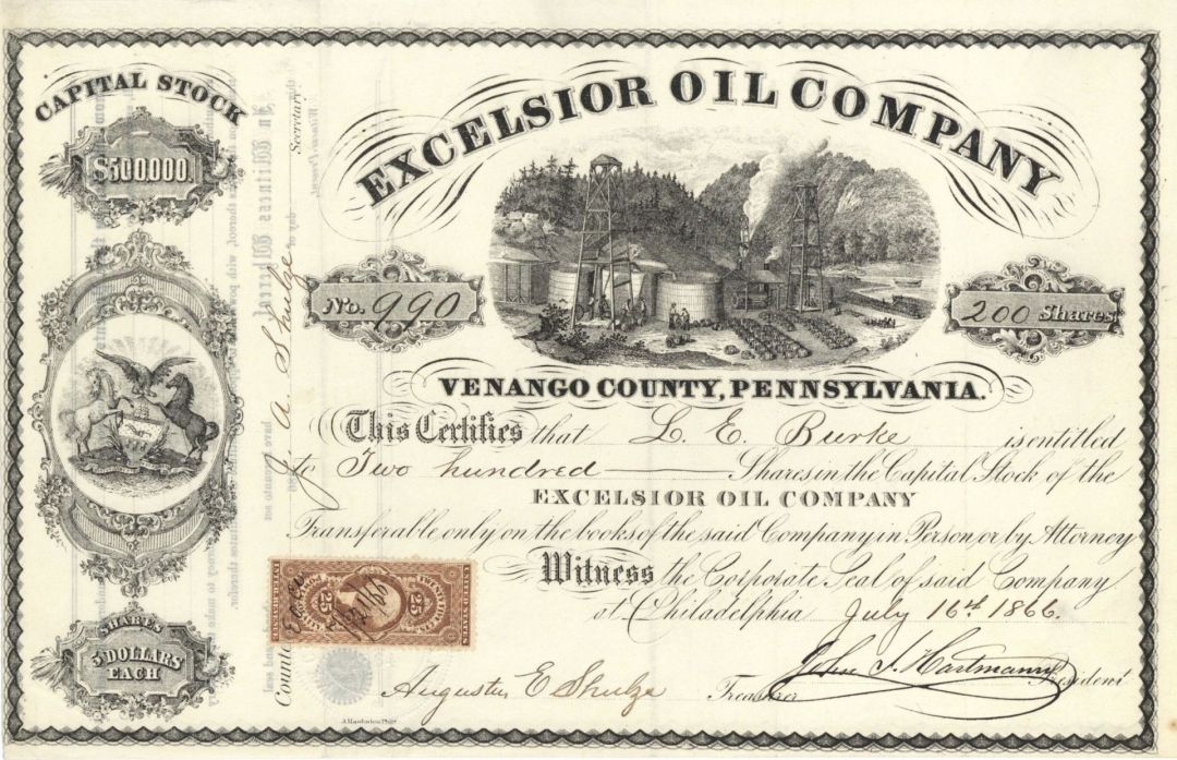 Excelsior Oil Co. - 1864 or 1866 dated Stock Certificate