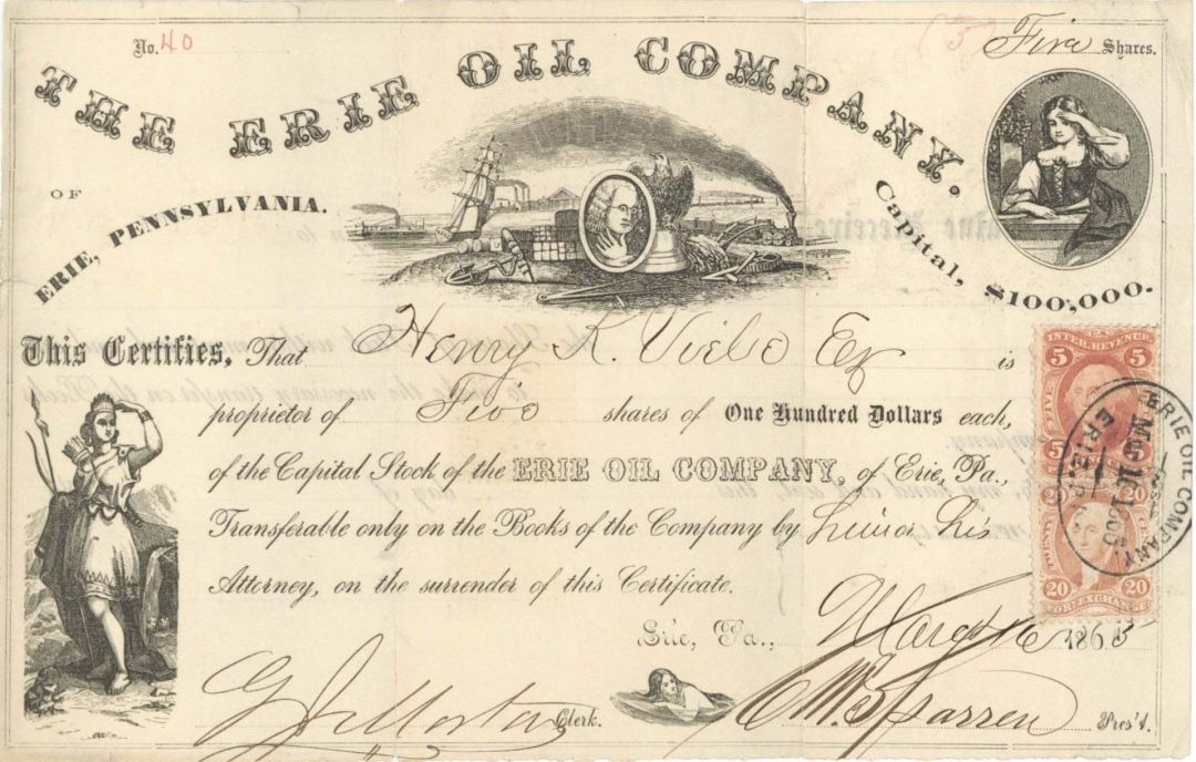 Erie Oil Co. - 1865 dated Stock Certificate