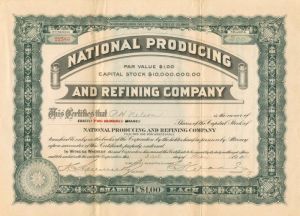 National Producing and Refining Co. - 1921 dated Oil Stock Certificate