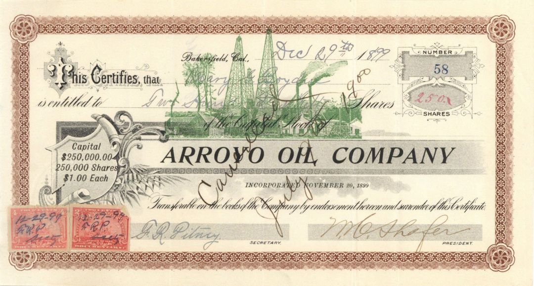 Arroyo Oil Co. - 1899-1900 dated Stock Certificate