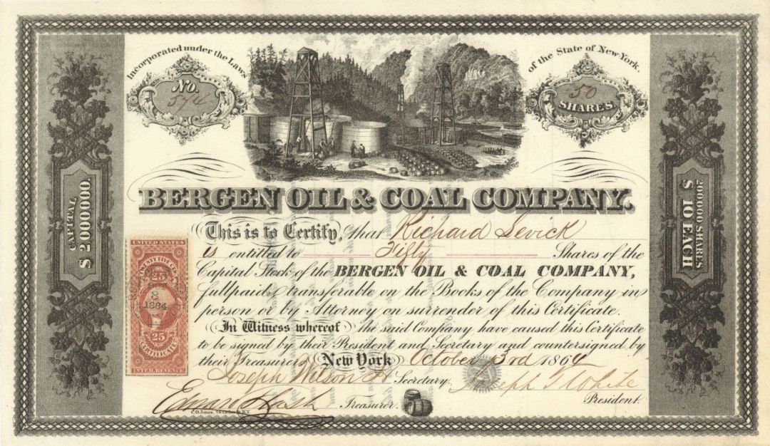 Bergen Oil and Coal Co. - 1864 dated Stock Certificate