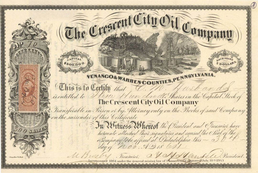 Crescent City Oil Co. - 1864 dated Stock Certificate