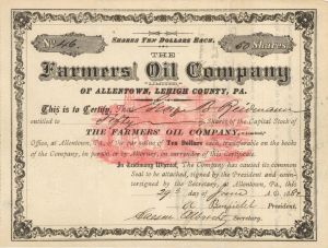 Farmers Oil Co. - 1882 dated Stock Certificate