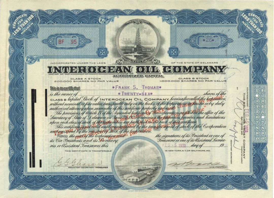 Interocean Oil Co. - 1931 dated Stock Certificate