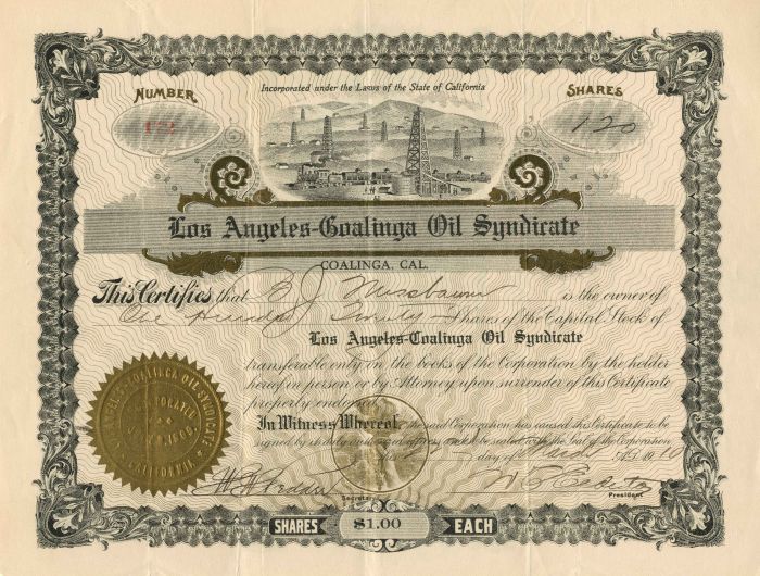 Los Angeles-Coalinga Oil Syndicate - Stock Certificate