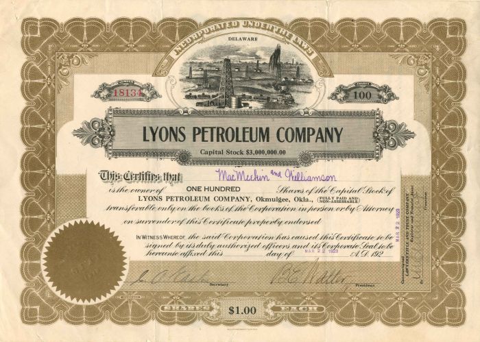 Lyons Petroleum Co. - Stock Certificate