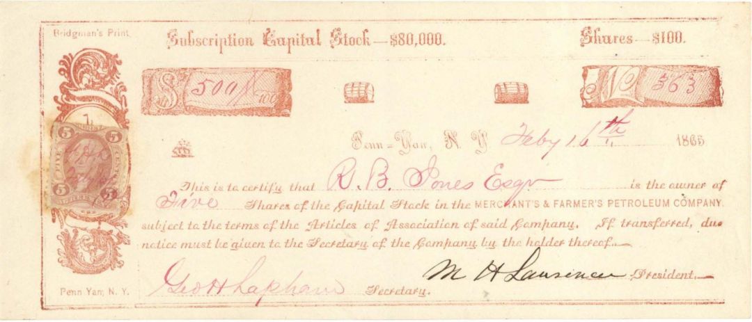 Merchant's and Farmer's Petroleum Co. - 1865 dated Stock Certificate