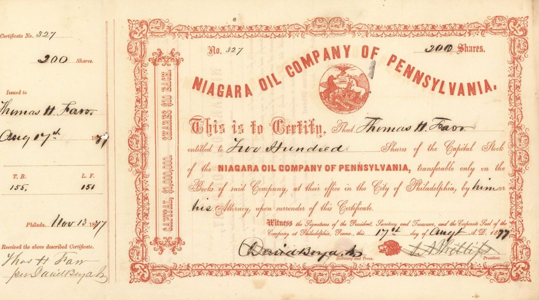 Niagara Oil Co. of Pennsylvania - 1877 dated Stock Certificate