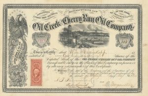 Oil Creek and Cherry Run Oil Co. - 1865 dated Pennsylvania Oil Stock Certificate