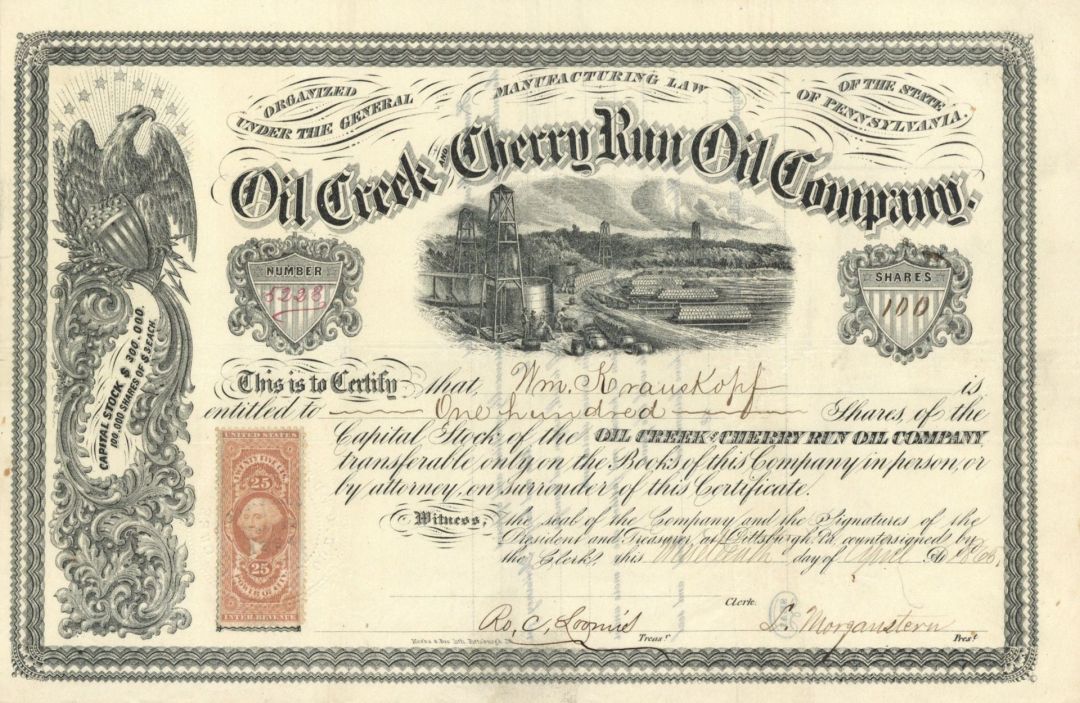 Oil Creek and Cherry Run Oil Co. - 1865 dated Stock Certificate