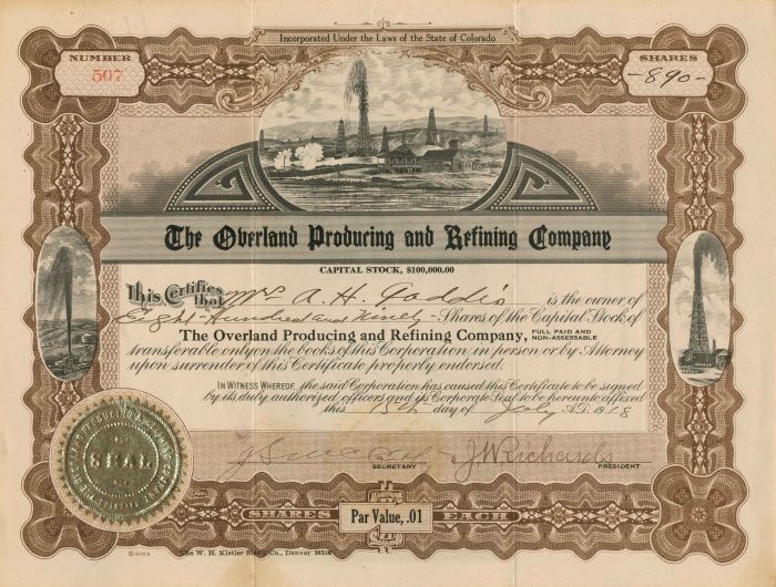 Overland Producing and Refining Co. - Stock Certificate