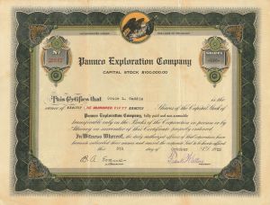 Panuco Exploration Co. - 1923 dated Oil Stock Certificate