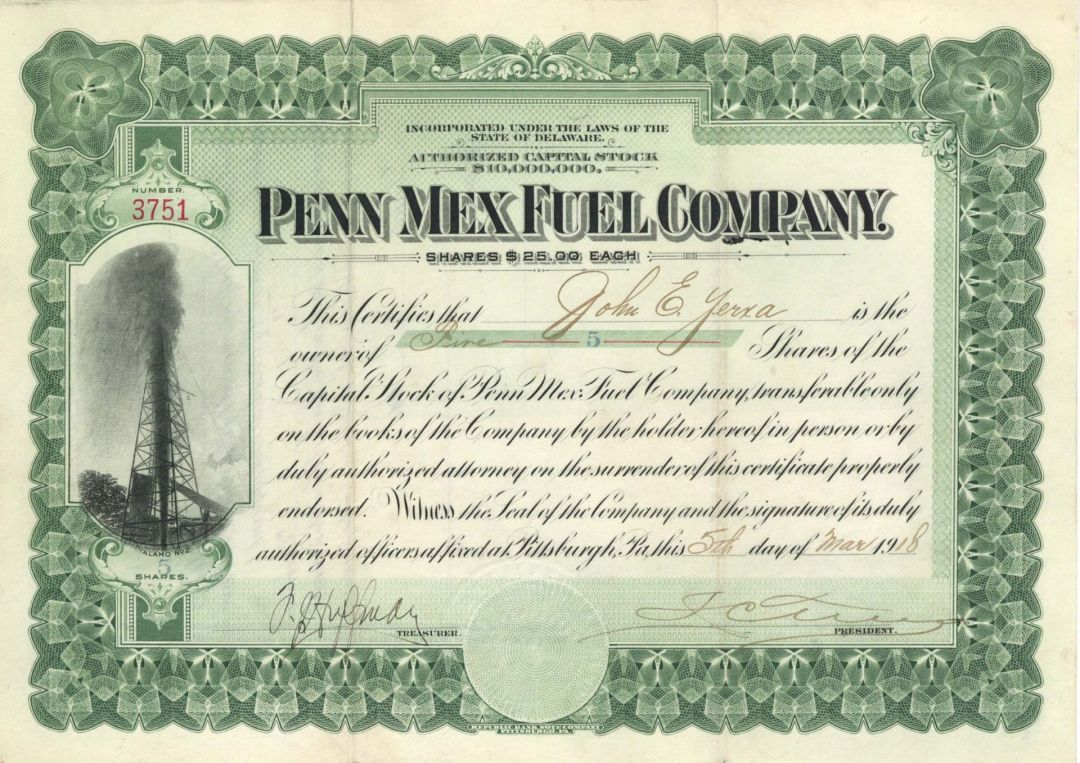 Penn Mex Fuel Co. - 1918 or 1936 dated Stock Certificate